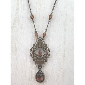 Liz Palacios Pendant Necklace Brass Tone Brown Victorian Filigree Earthy Warm